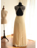 Beaded Champagne Chiffon Keyhole Back Elegant Prom Dress